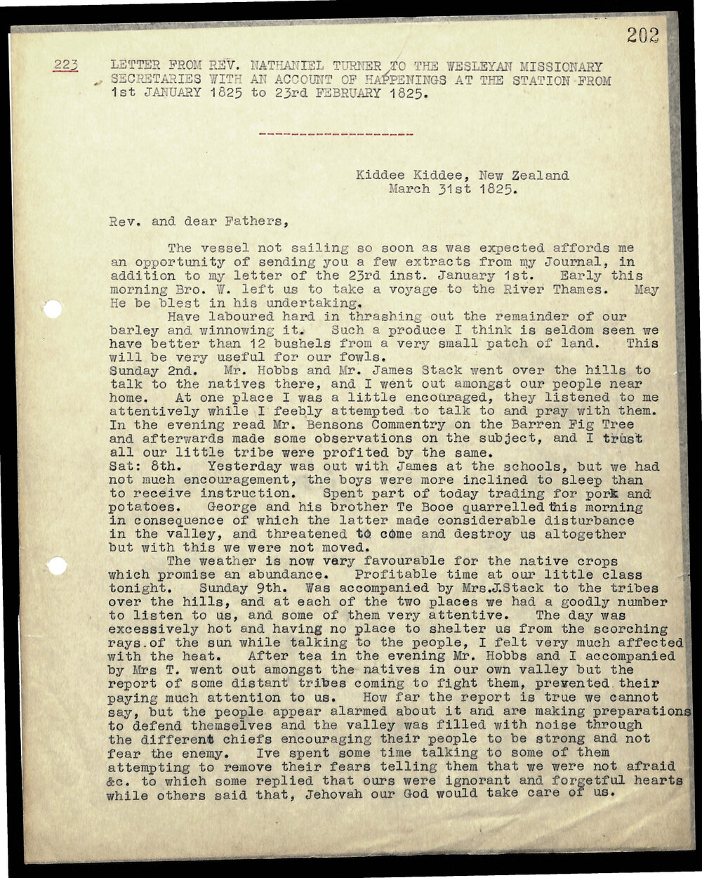 Letter to Secretaries from Rev. Nathaniel Turner