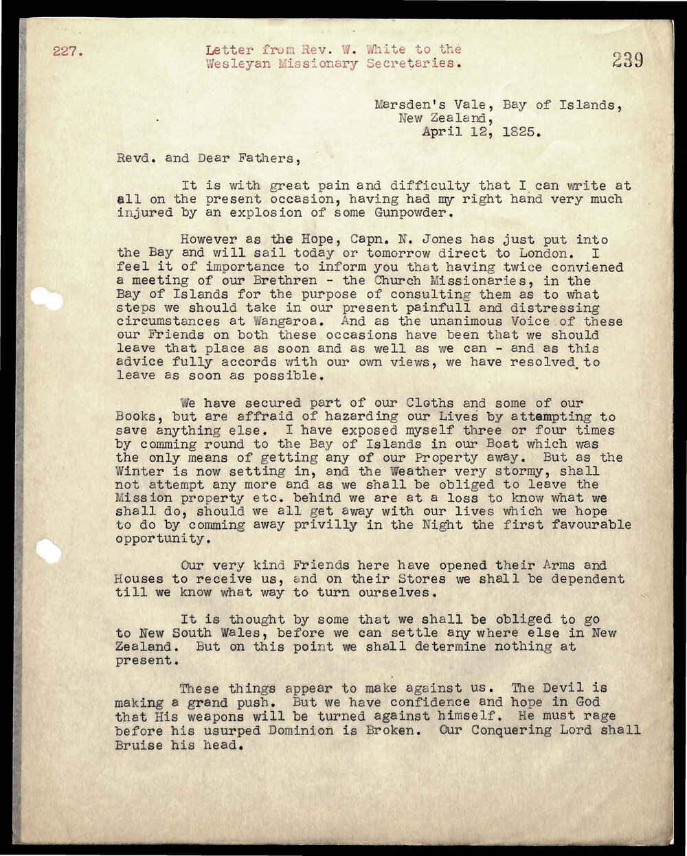 Letter to Secretaries from W. White