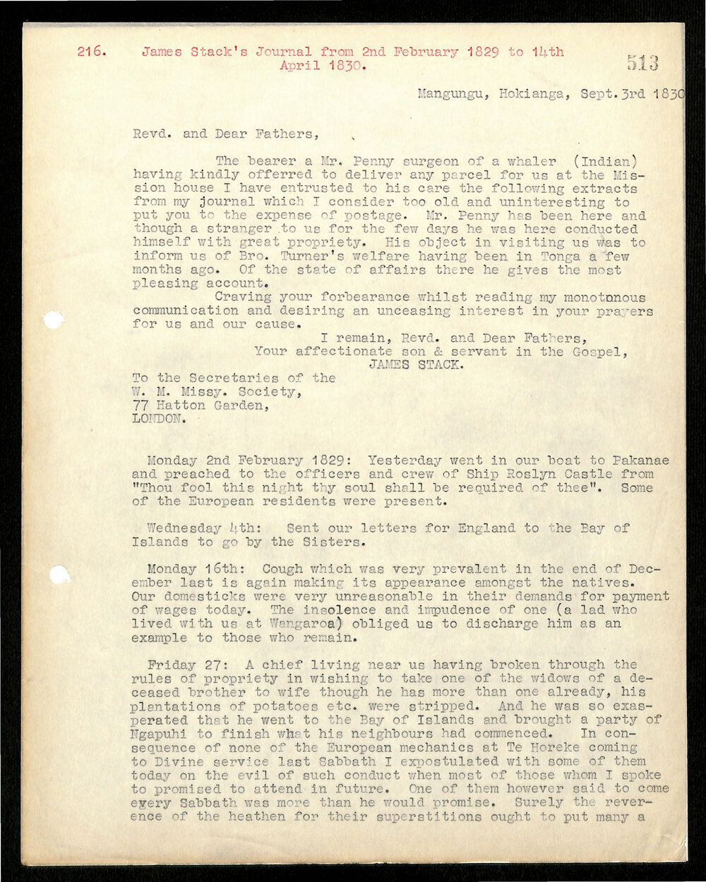 Journal extracts to Secretaries from James Stack