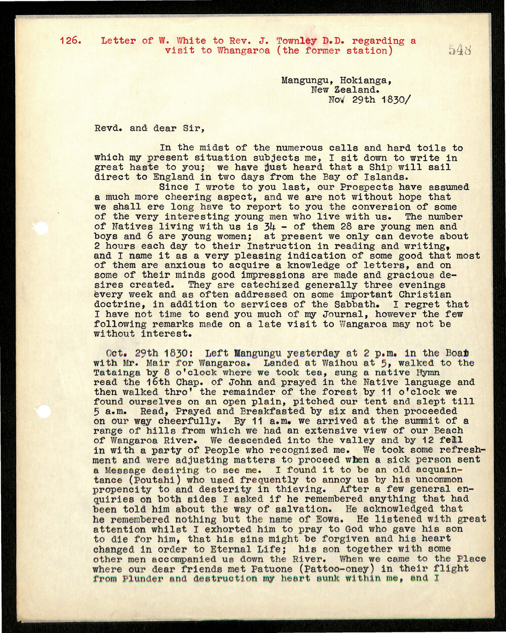 Letter to Rev. J. Townley from W. White