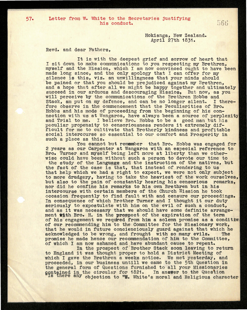 Letter to Secretaries from W. White