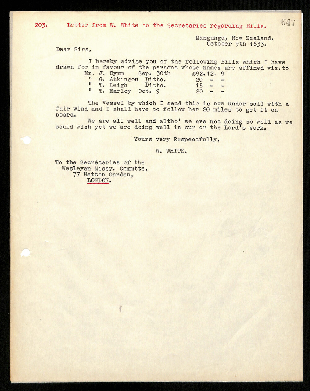 Letter to Secretaries from W. White