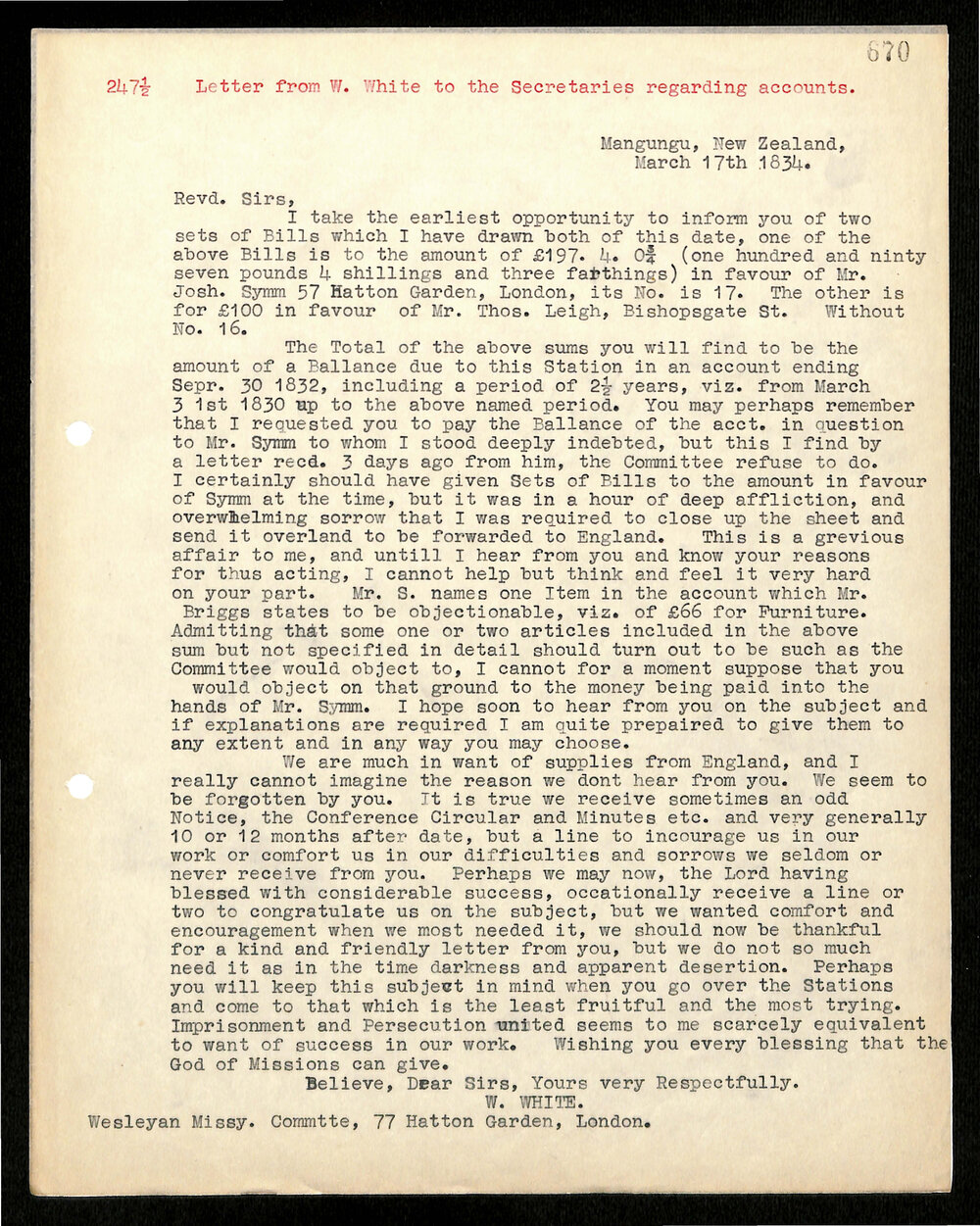 Letter to Secretaries from W. White