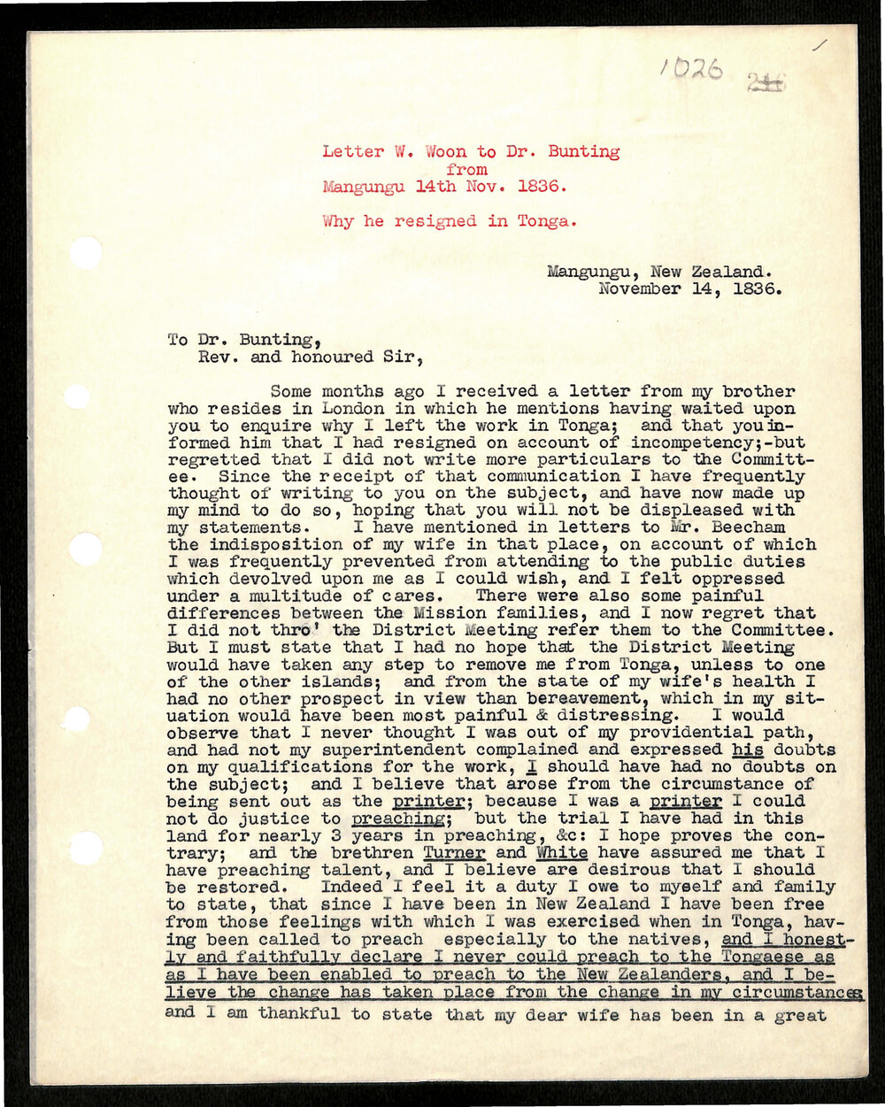 Letter to Dr. Bunting from W. Woon