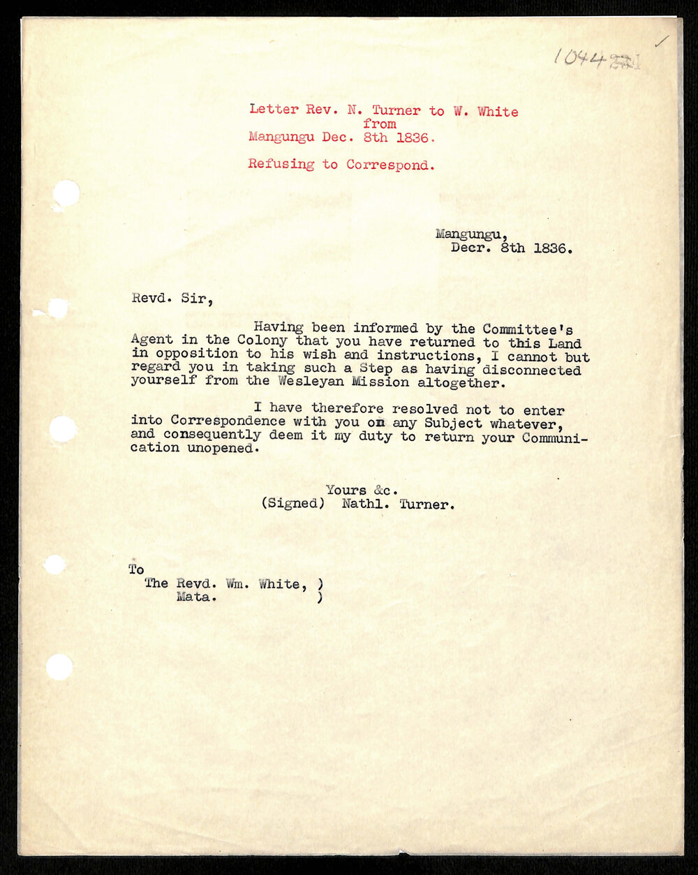 Letter to Rev. W. White from Nath Turner