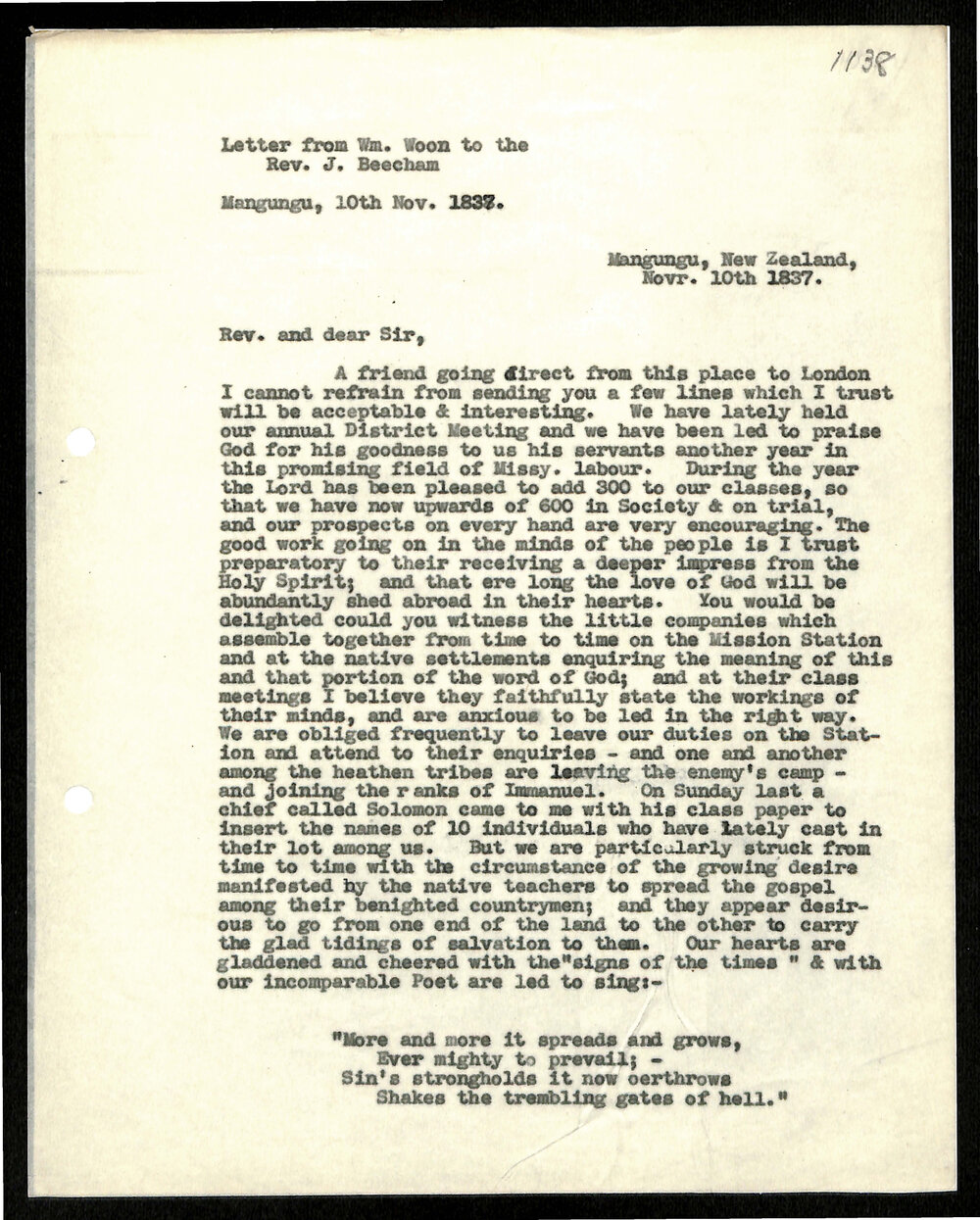 Letter to Rev. J. Beecham to Wm. Woon