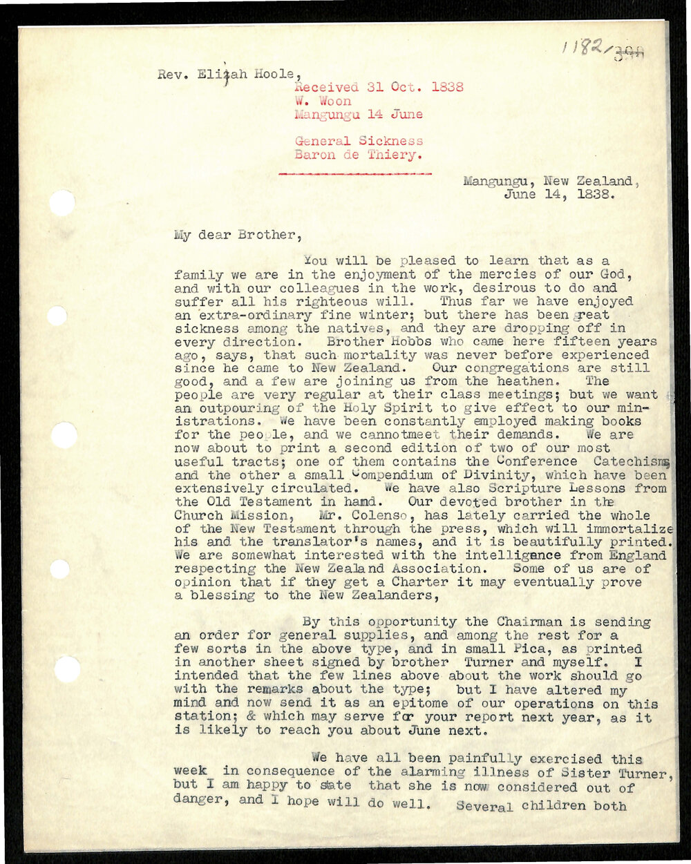 Letter to Rev. Elijah Hoole from W. Woon
