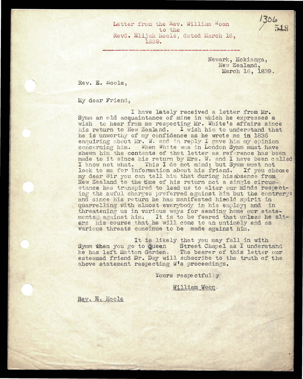 Letter to Rev. Elijah Hoole from Rev. W. Woon