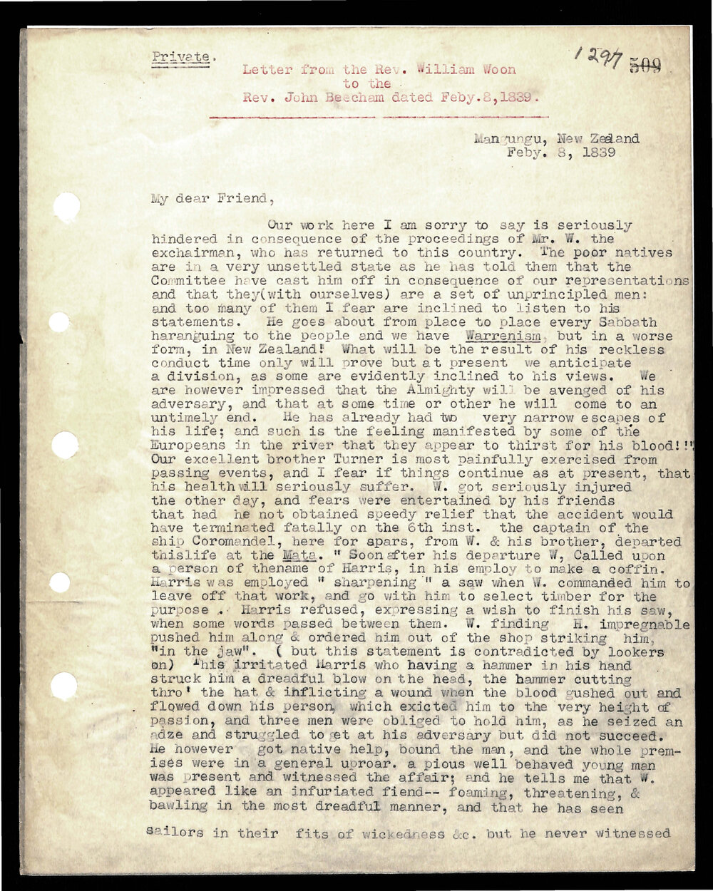 Letter to J. Beecham from Rev. W. Woon