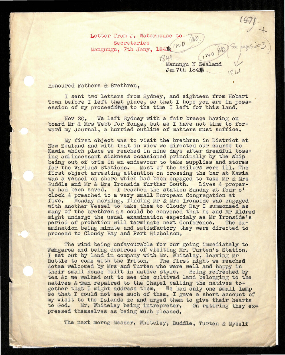 Letter to Secretaries from J. Waterhouse