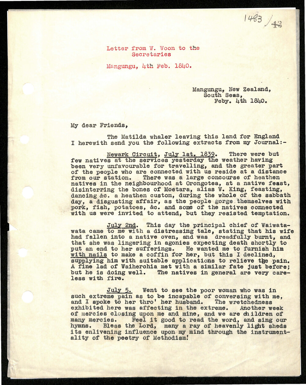 Letter to Secretaries from W. Woon