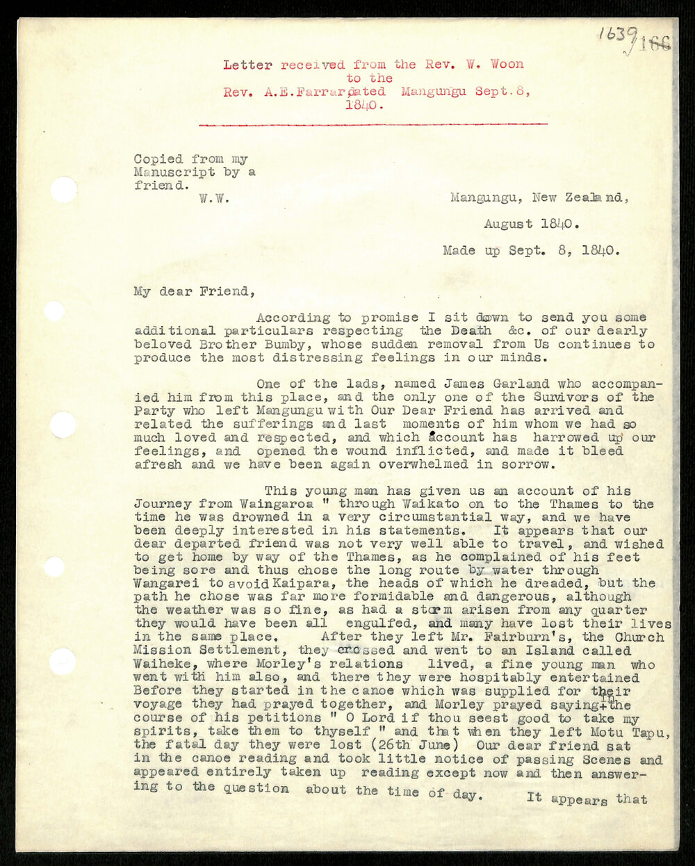 Letter to Rev. A. E. Farrar from Rev. W. Woon