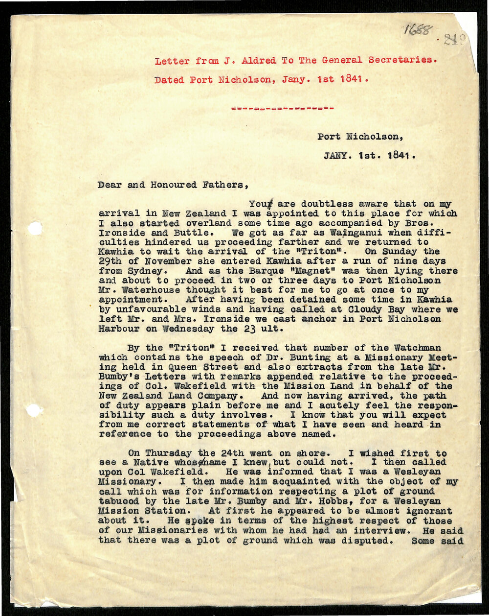 Letter to General Secretaries from J. Aldred
