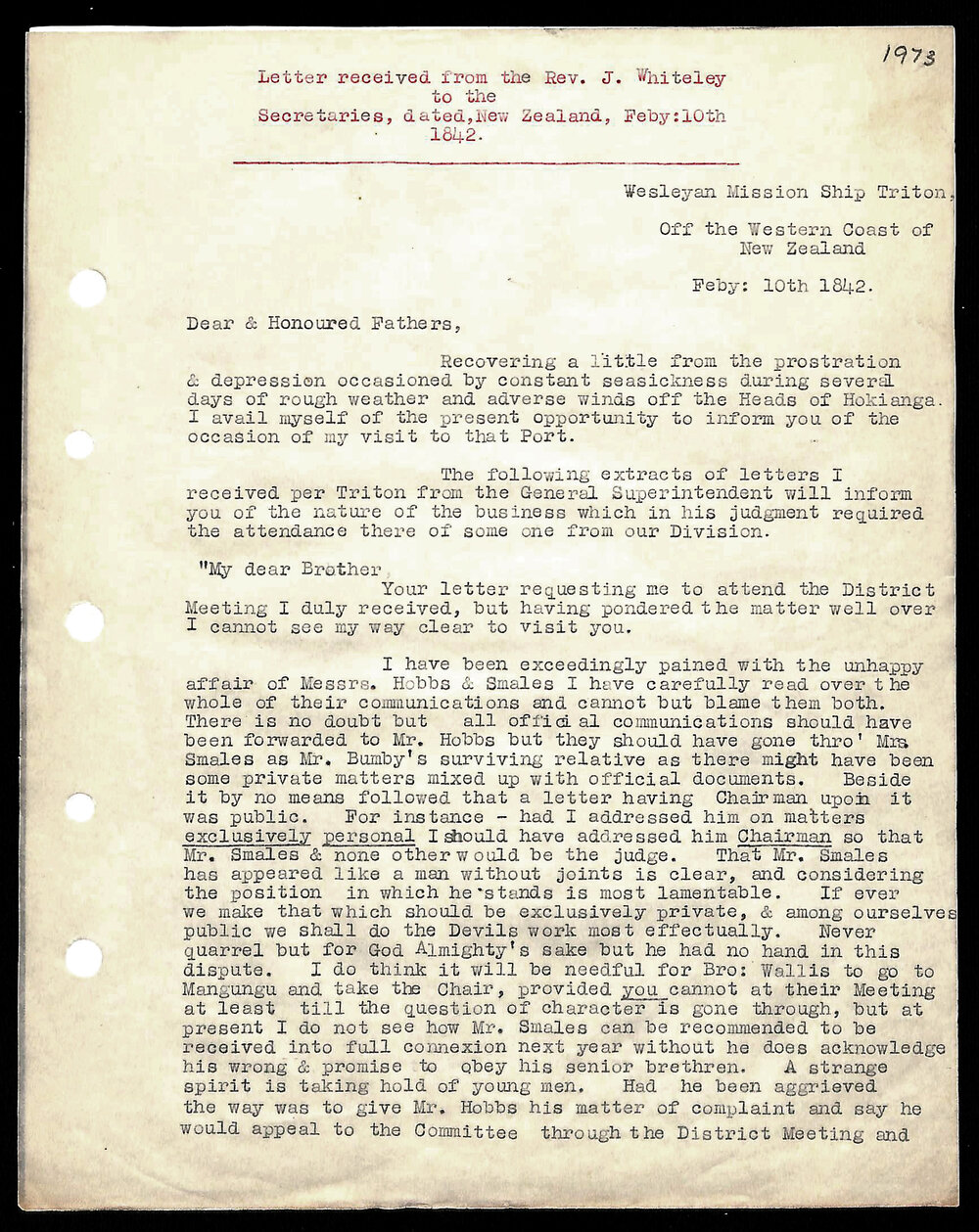 Letter to Secretaries from Rev. J. Whiteley