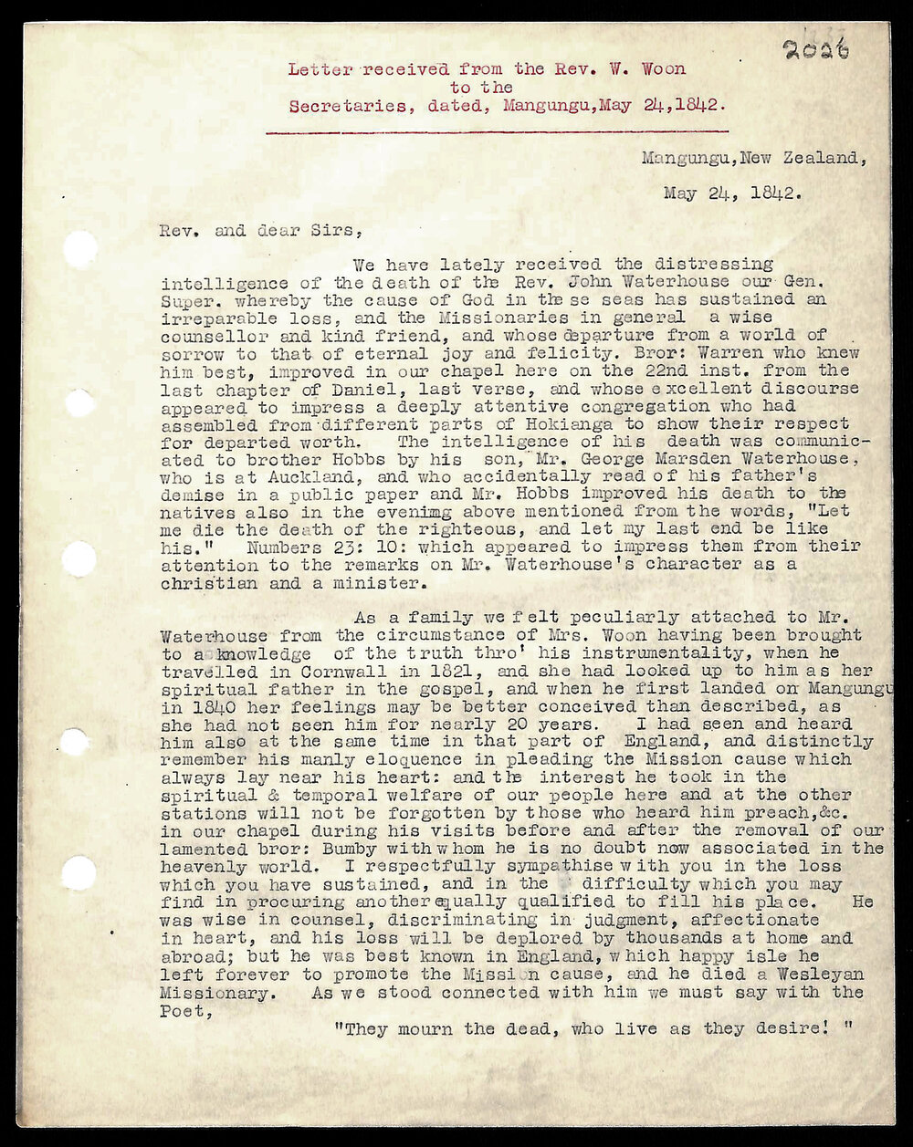 Letter to Secretaries from Rev. W. Woon