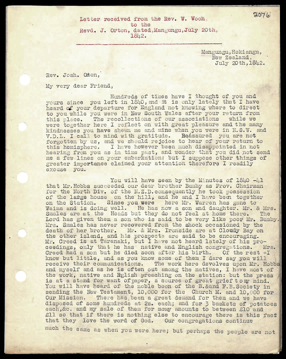 Letter to Rev. J. Orton from Rev. W. Woon
