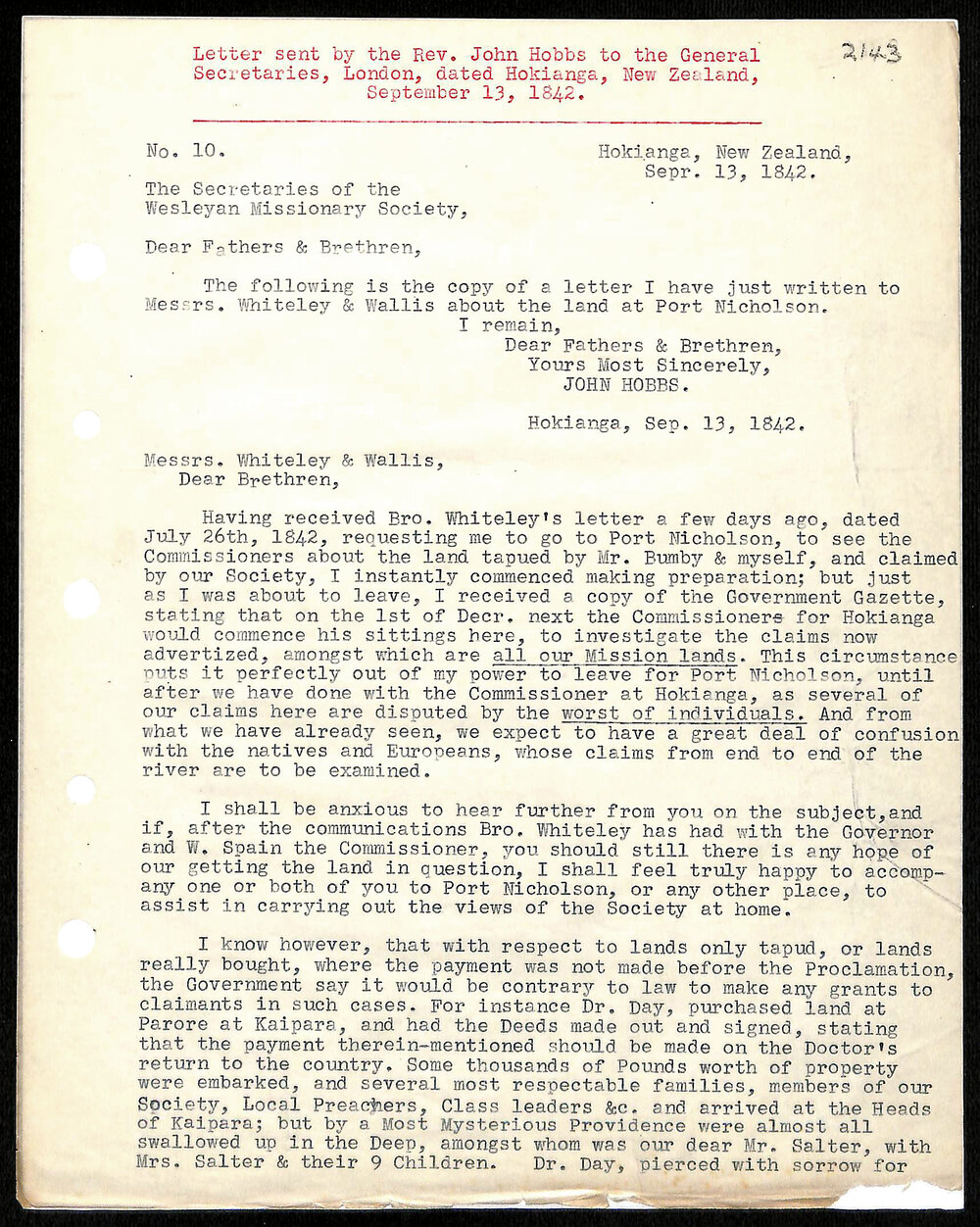 Letter to General Secretaries from Rev. John Hobbs