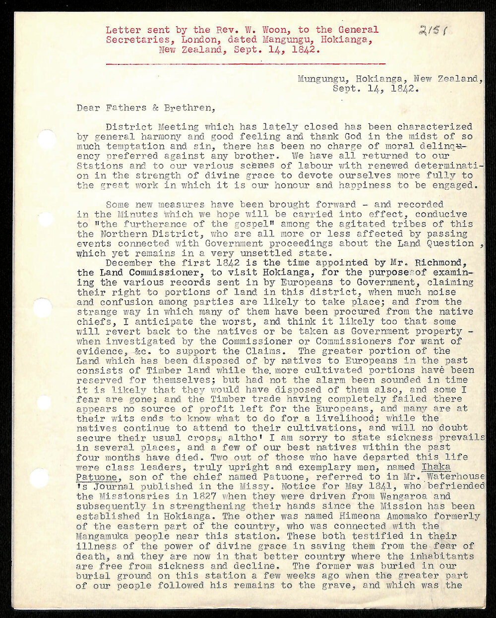 Letter to General Secretaries from Rev. W. Woon