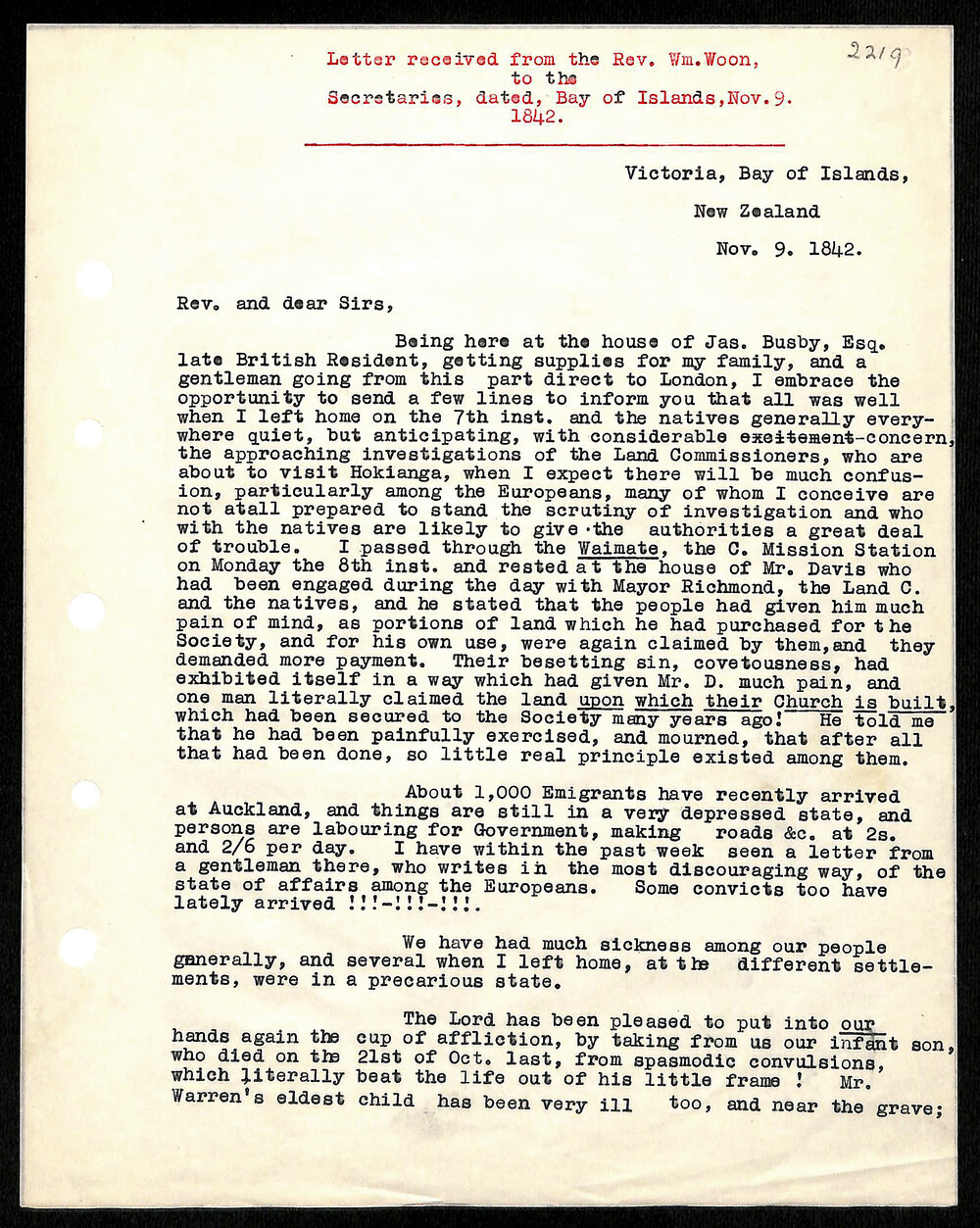 Letter to Secretaries from Rev. W. Woon