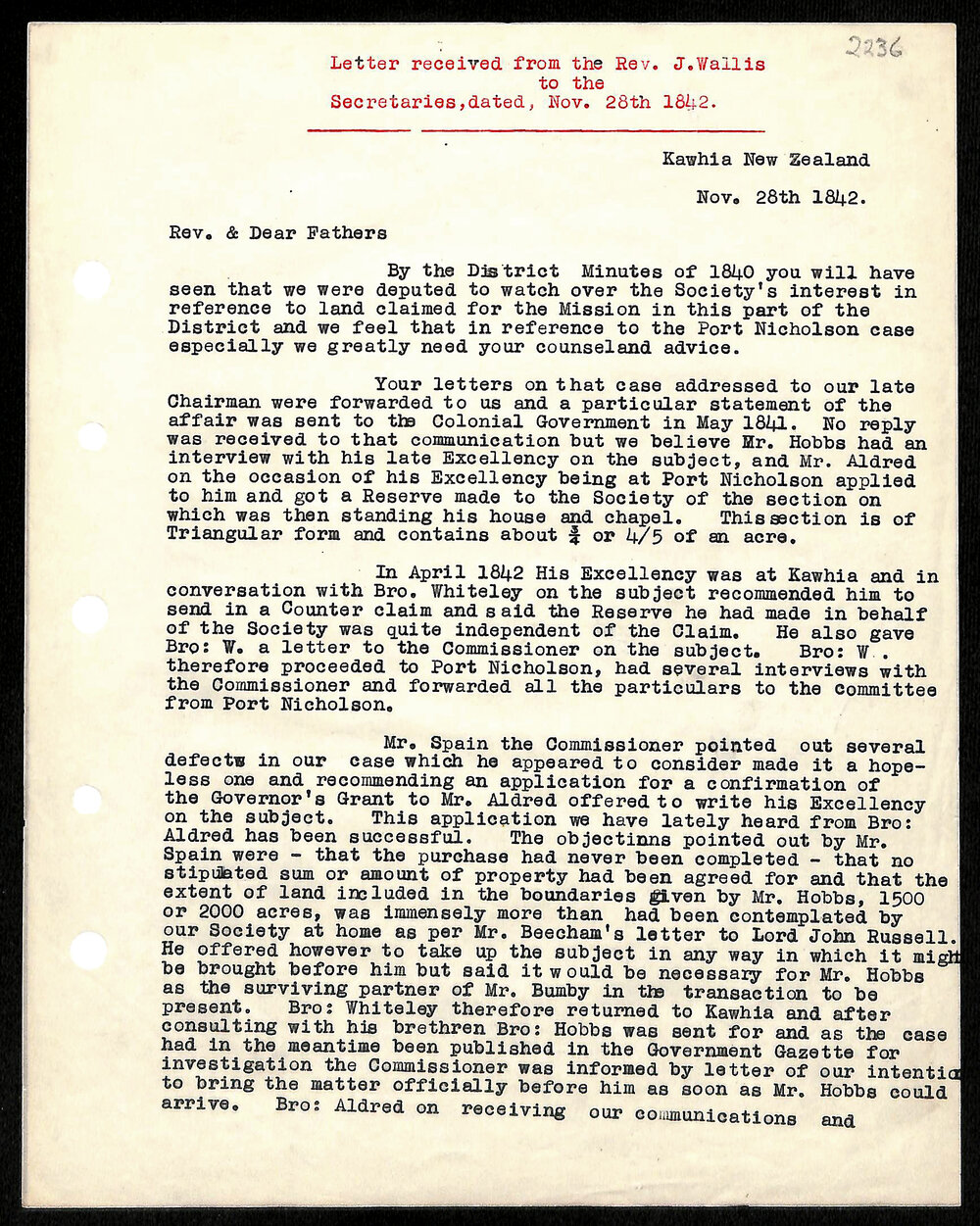 Letter to Secretaries from Rev. J. Wallis