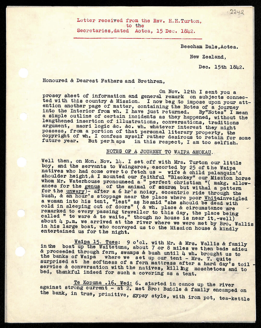 Letter to Secretaries from Rev. H. H. Turton