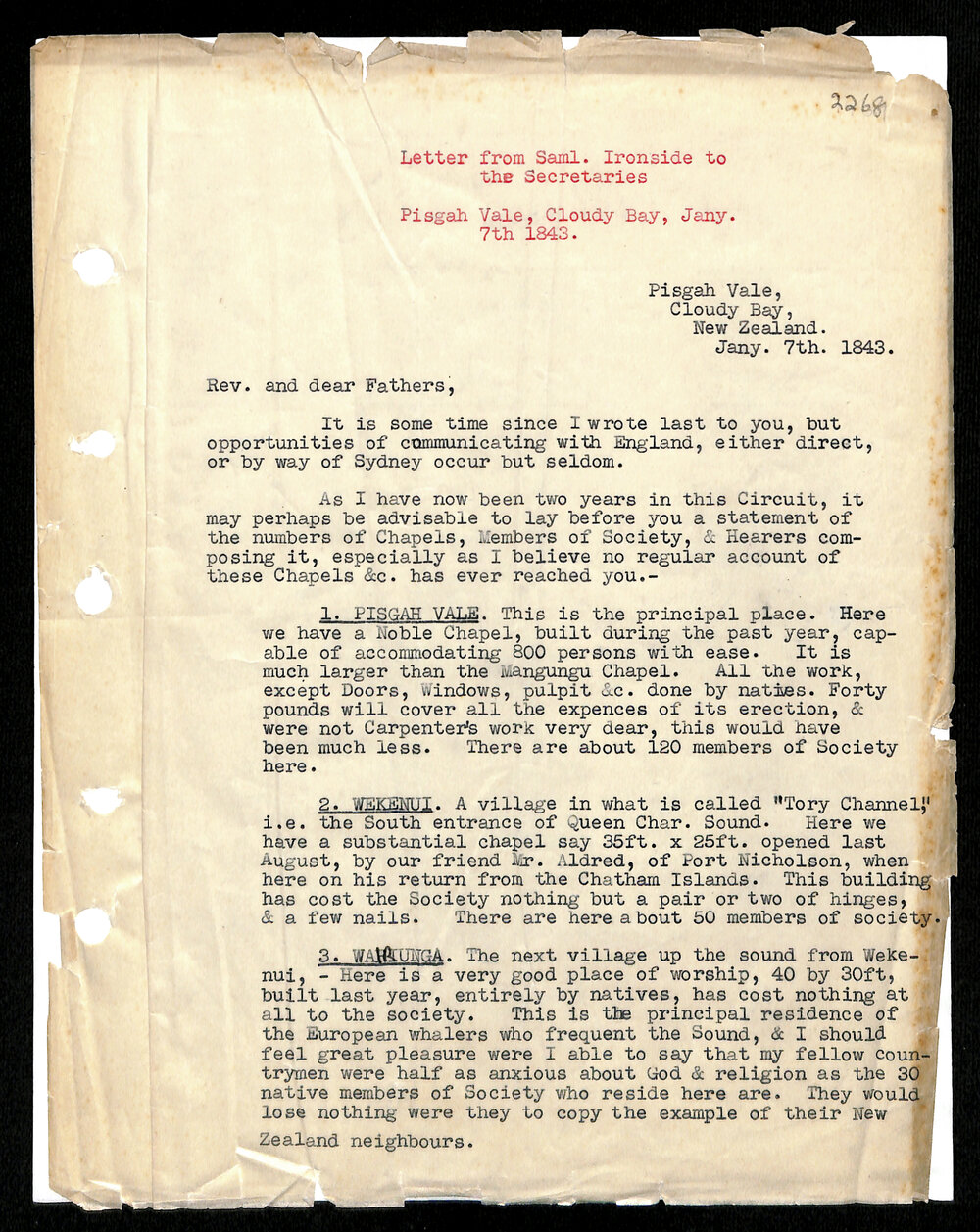 Letter to Secretaries from Samuel Ironside