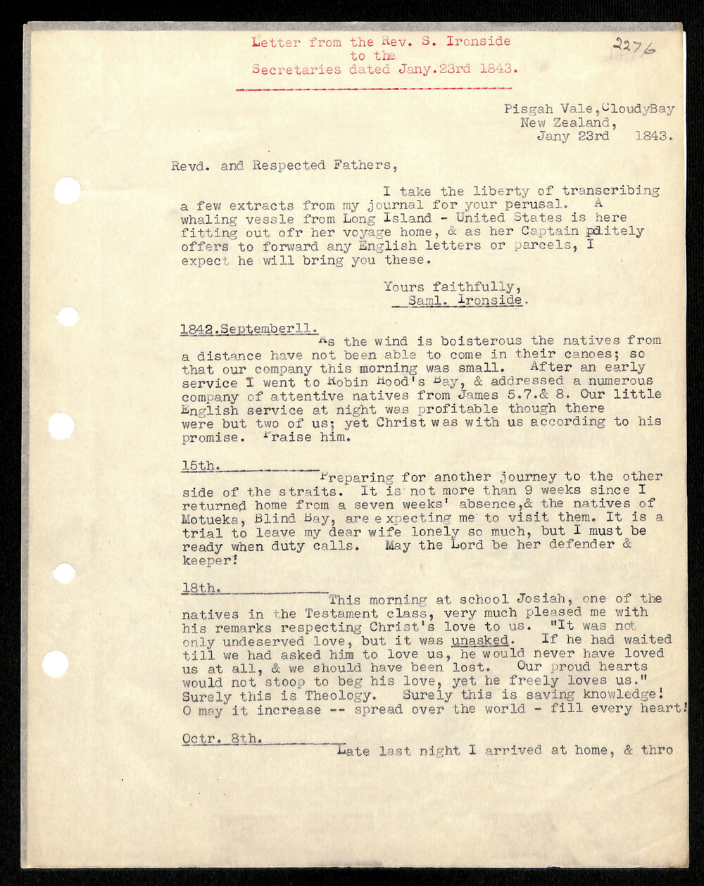 Letter to Secretaries from Rev. S. Ironside