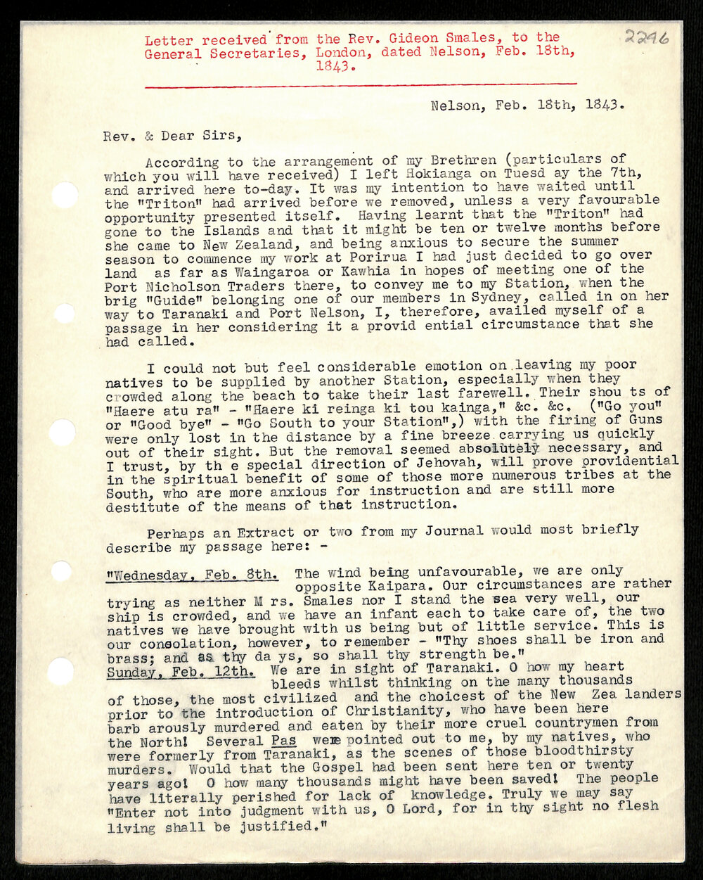 Letter to General Secretaries from Rev. Gideon Smales