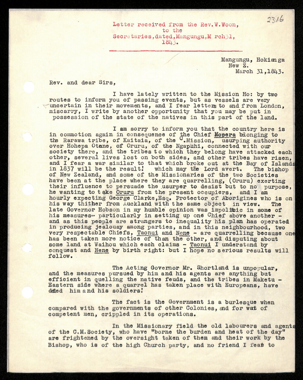 Letter to Secretaries from Rev. W. Woon