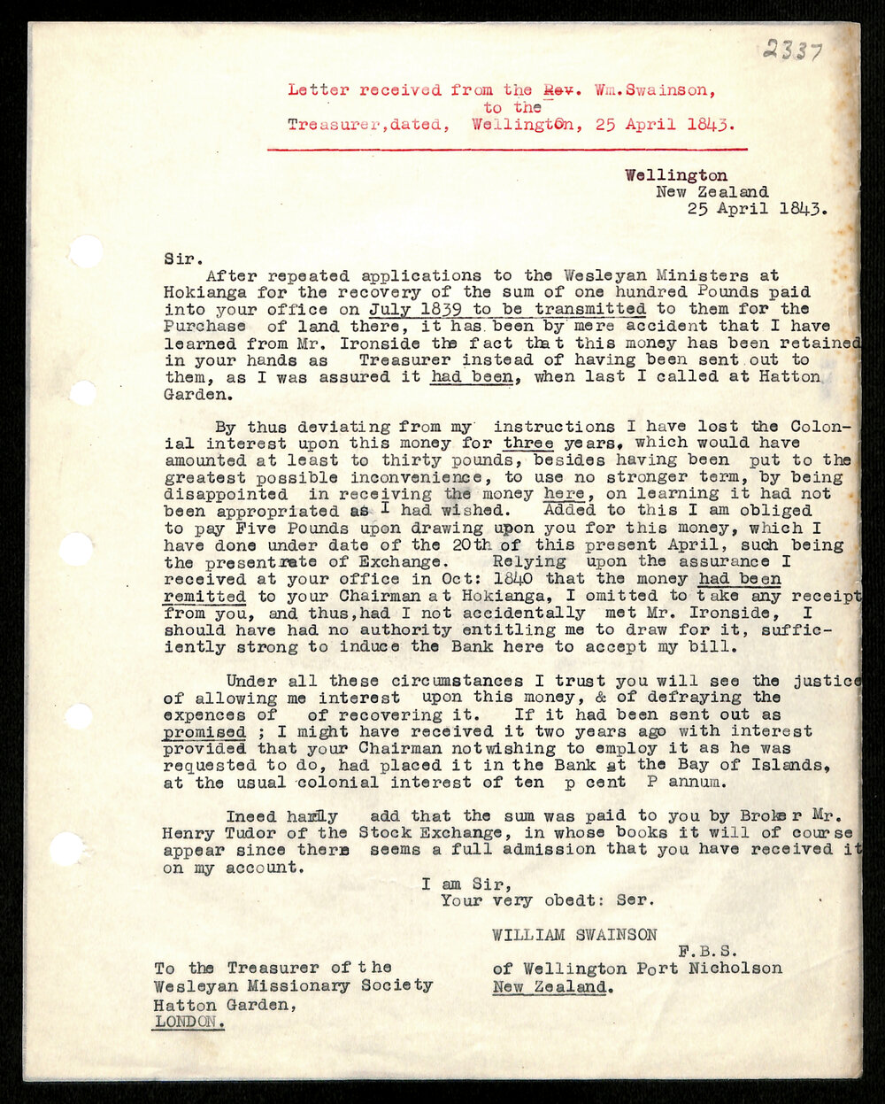 Letter to Treasurer from Rev. W. Swainson