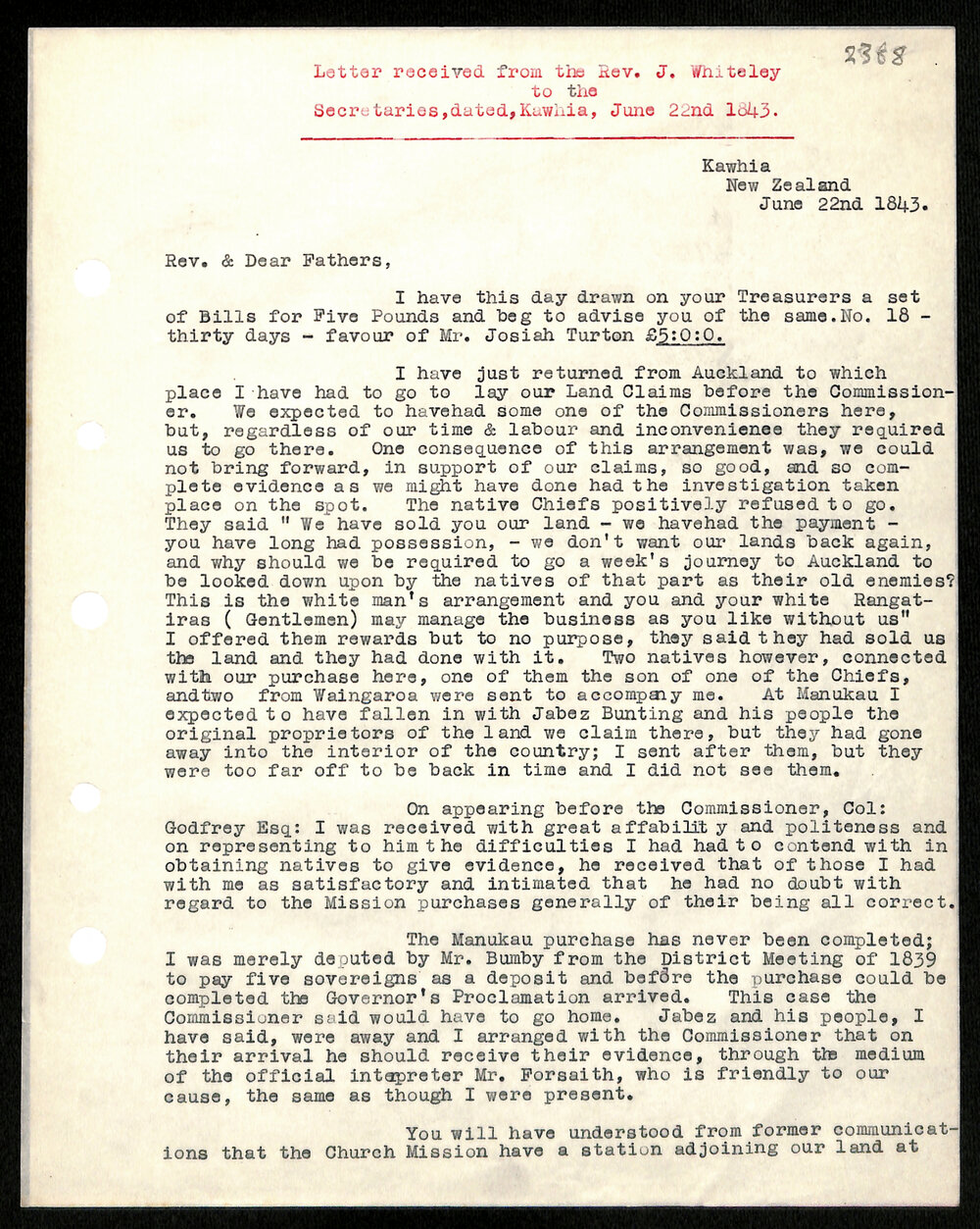 Letter to Secretaries from Rev. J. Whiteley
