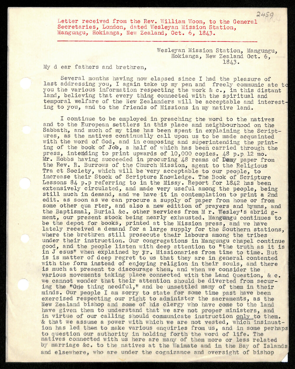 Letter to General Secretaries from Rev. William Woon