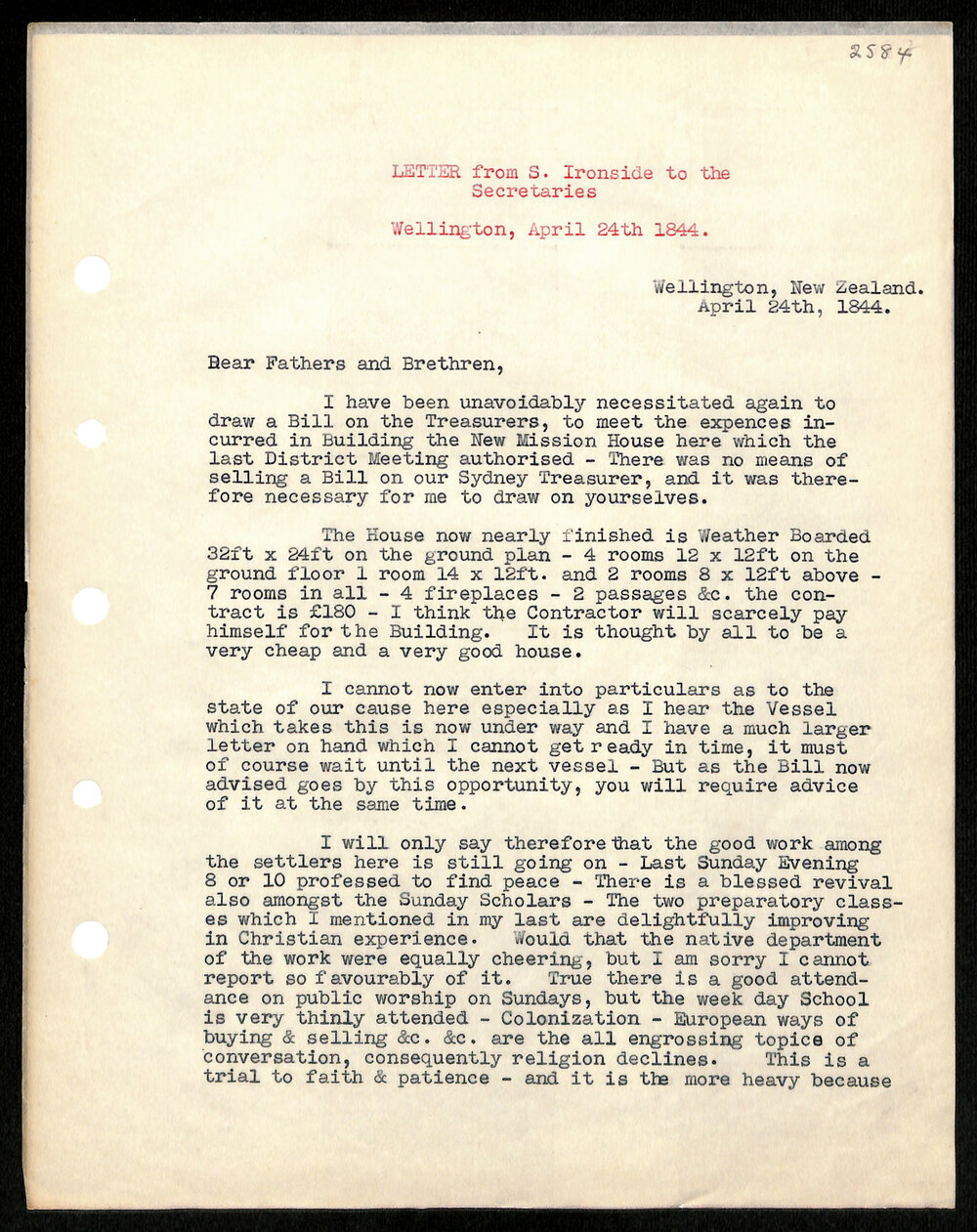 Letter to Secretaries from S. Ironside