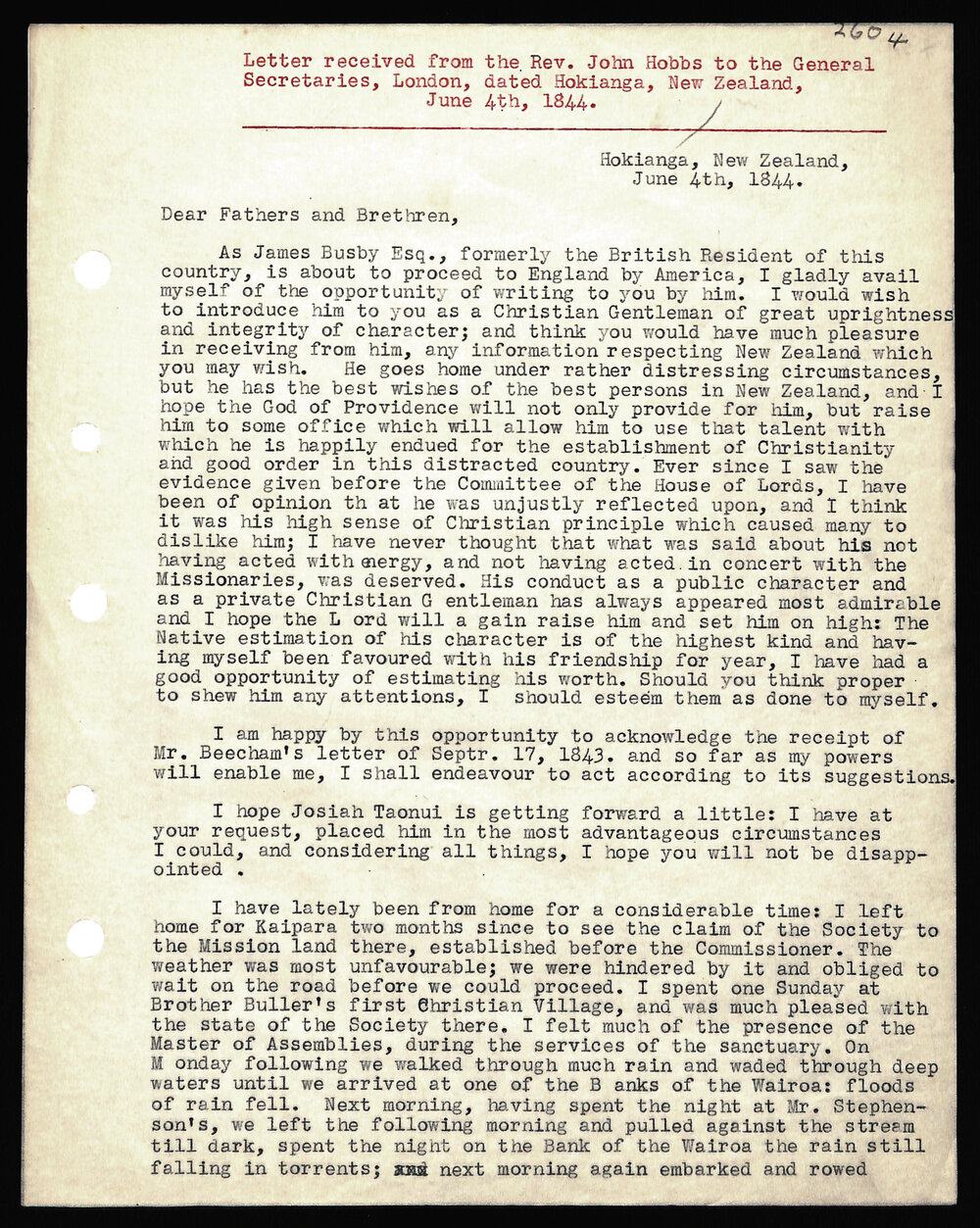 Letter to Secretaries from Rev. John Hobbs