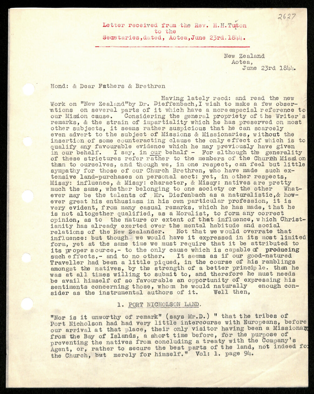 Letter to Secretaries from Rev. H. H. Turton
