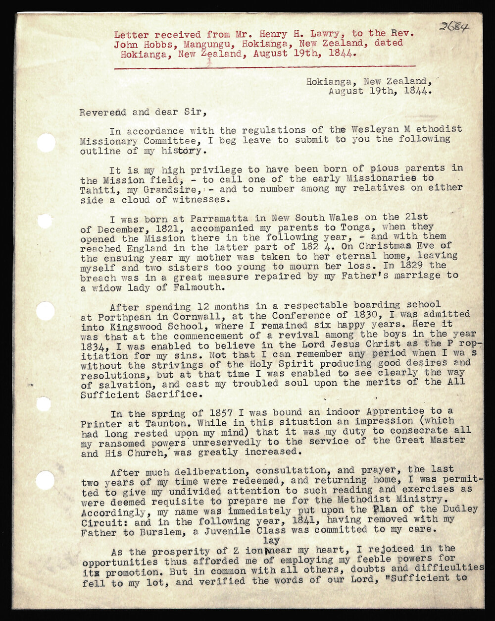 Letter to Rev. John Hobbs from Mr. Henry H. Lawry