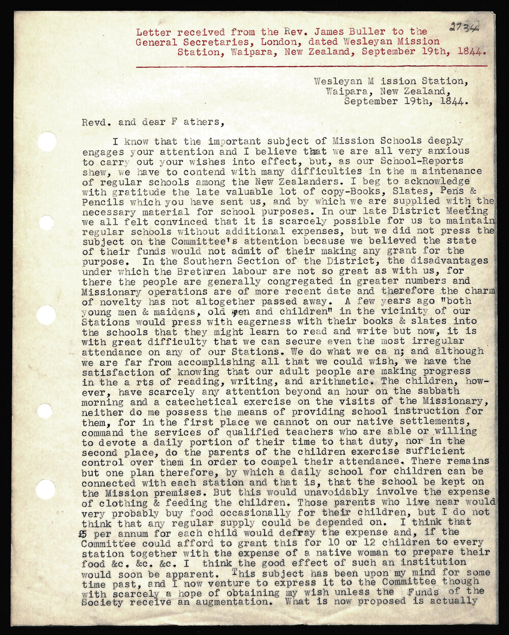 Letter to General Secretaries from Rev. James Buller