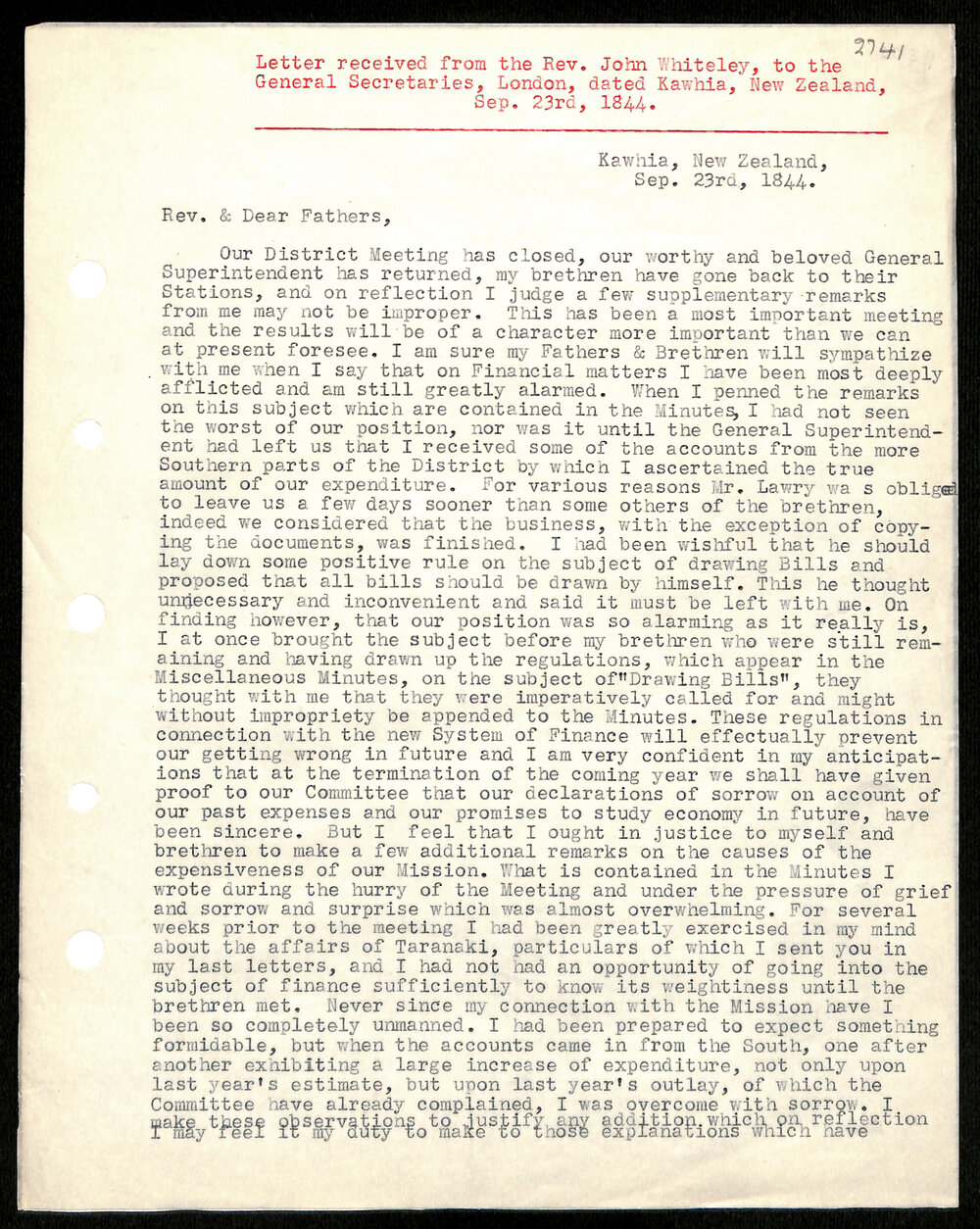 Letter to General Secretaries from Rev. John Whiteley