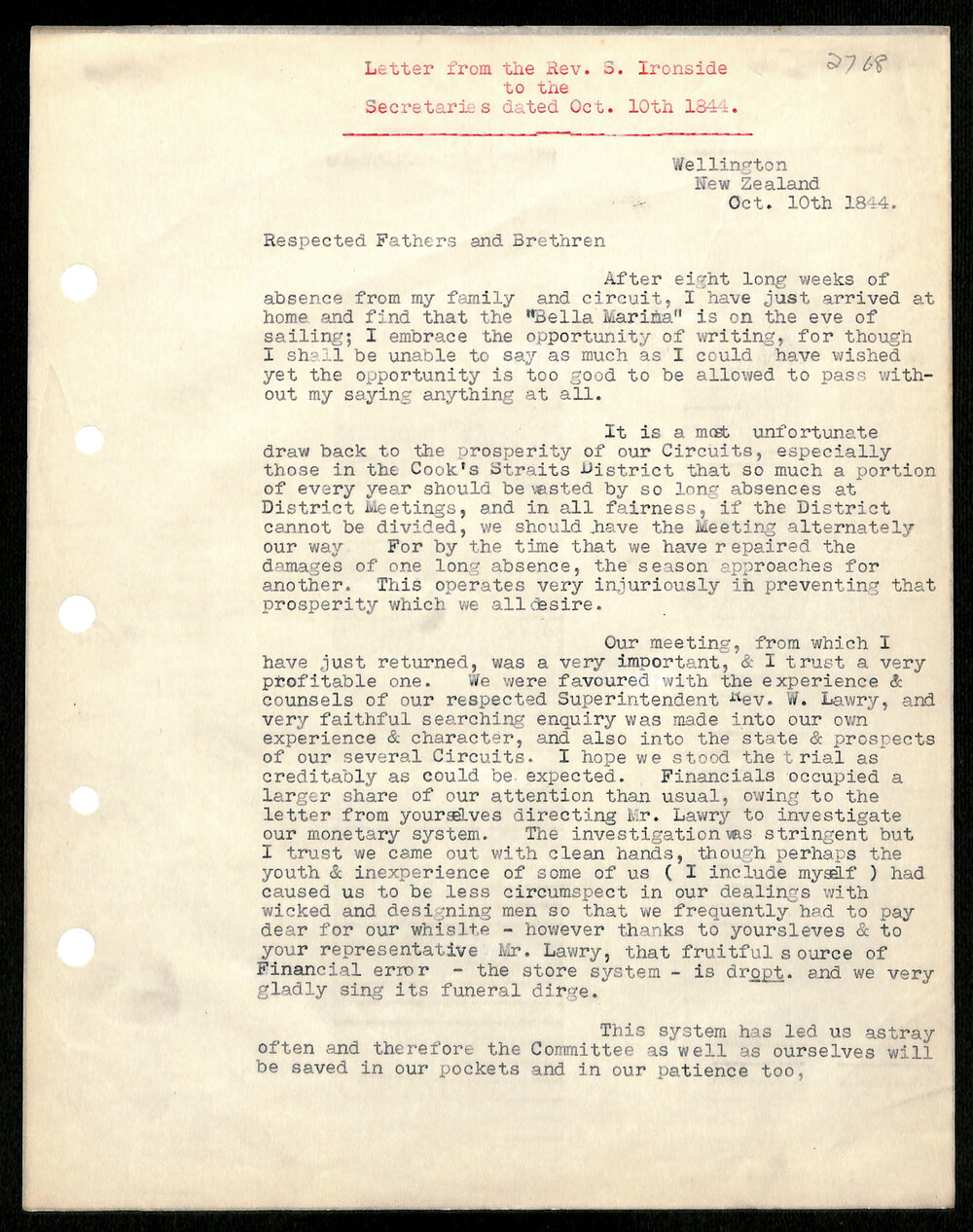 Letter to Secretaries from Rev. S. Ironside