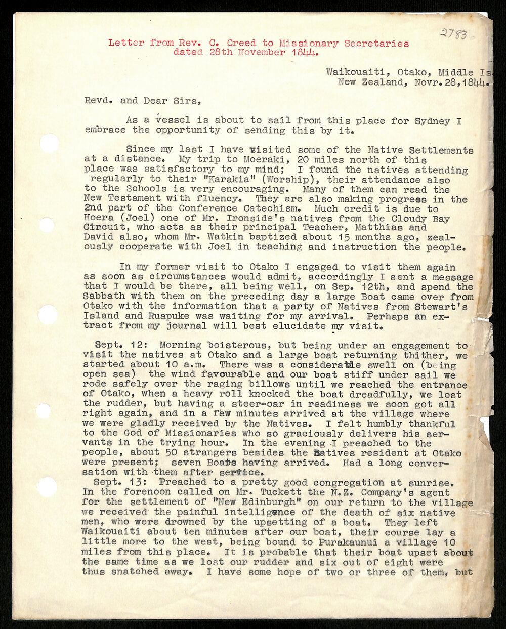 Letter to Missionary Secretaries from Rev. C. Creed