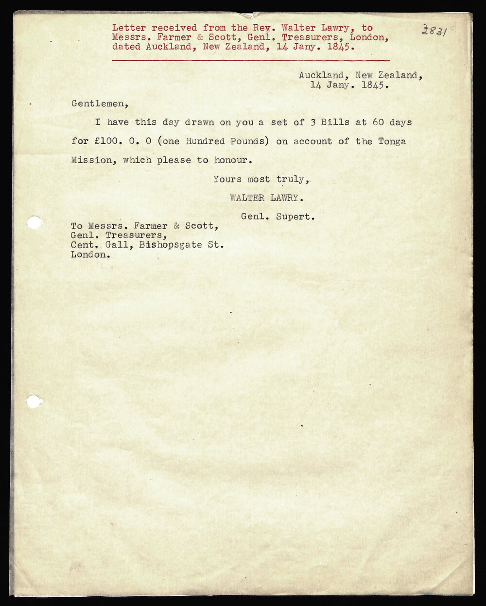 Letter to Messrs. Farmer and Scott from Rev. Walter Lawry