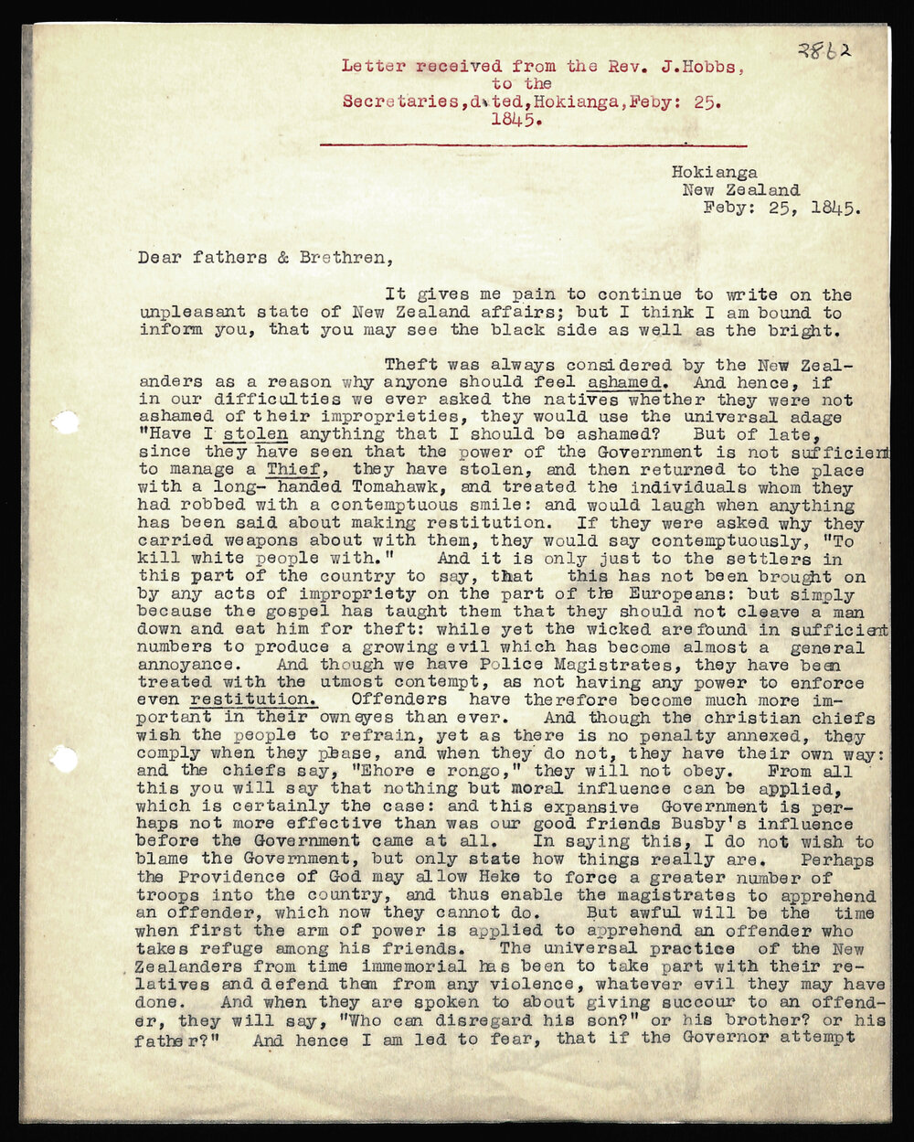 Letter to Secretaries from Rev. J. Hobbs