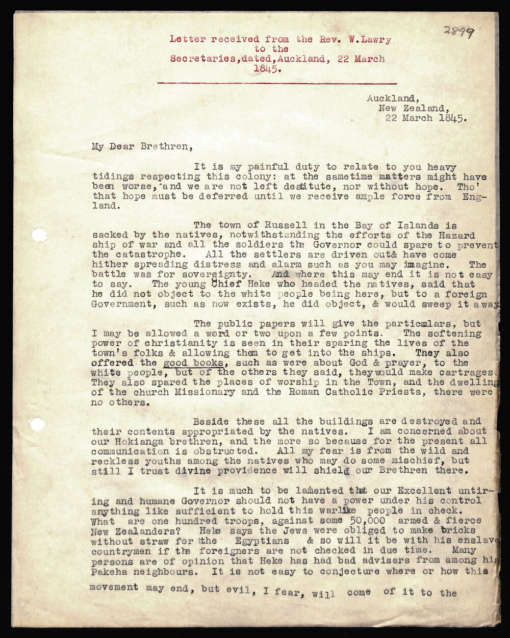 Letter to Secretaries from Rev. W. Lawry
