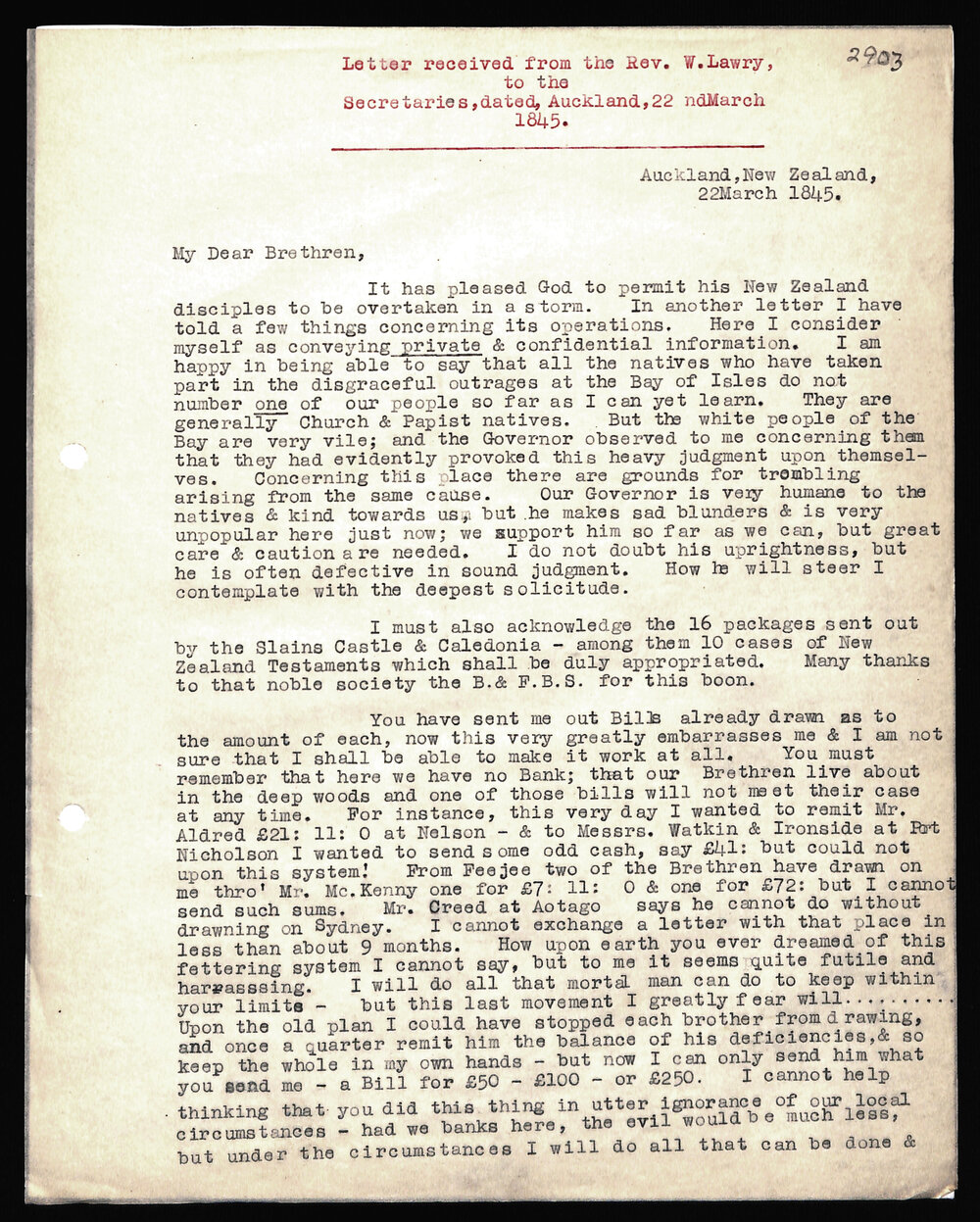 Letter to Secretaries from Rev. W. Lawry