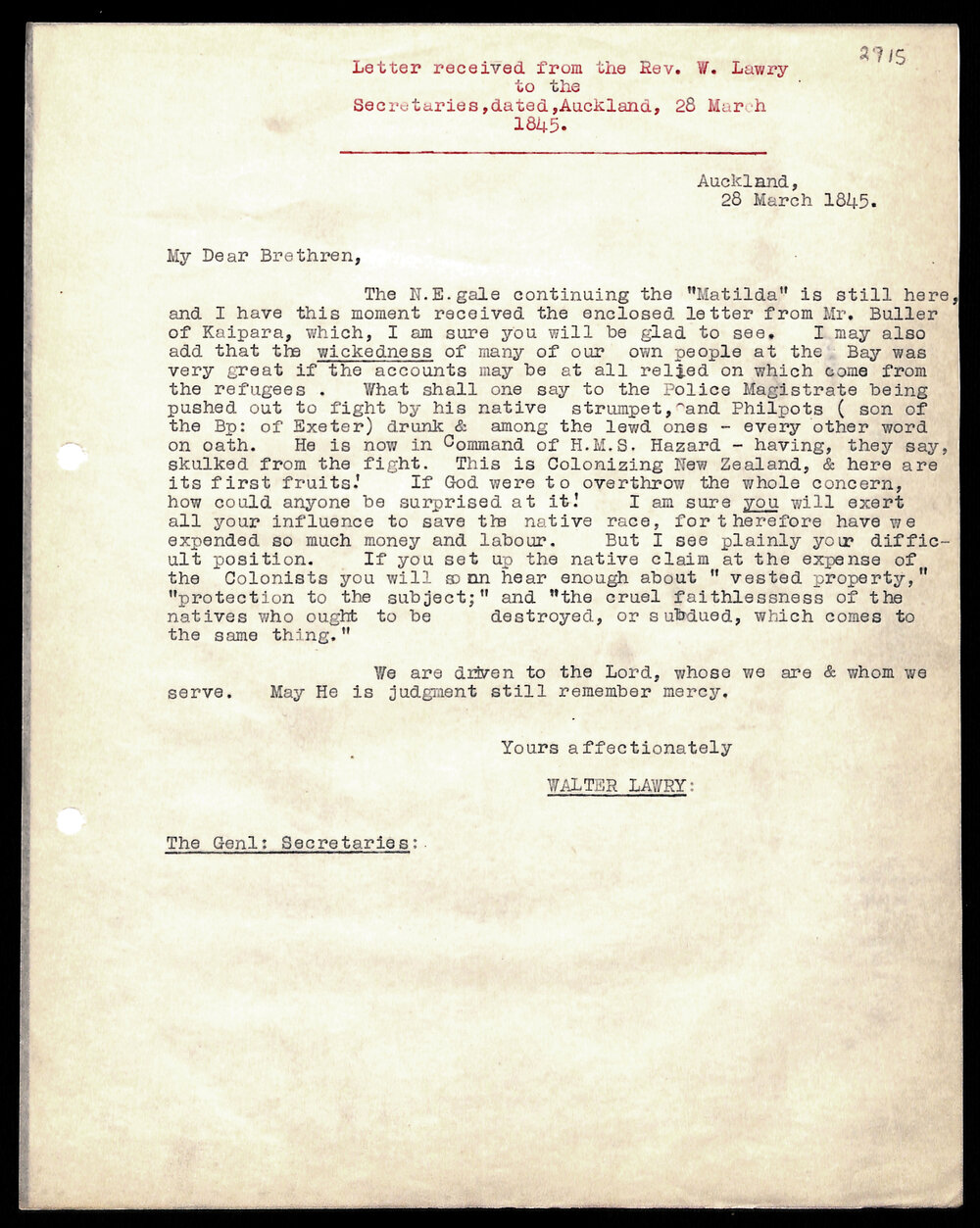 Letter to General Secretaries from Rev. W. Lawry