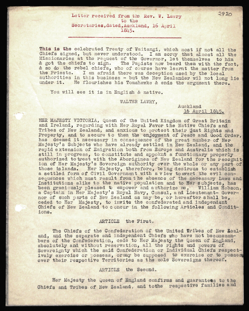 Letter to Secretaries from Rev. W. Lawry
