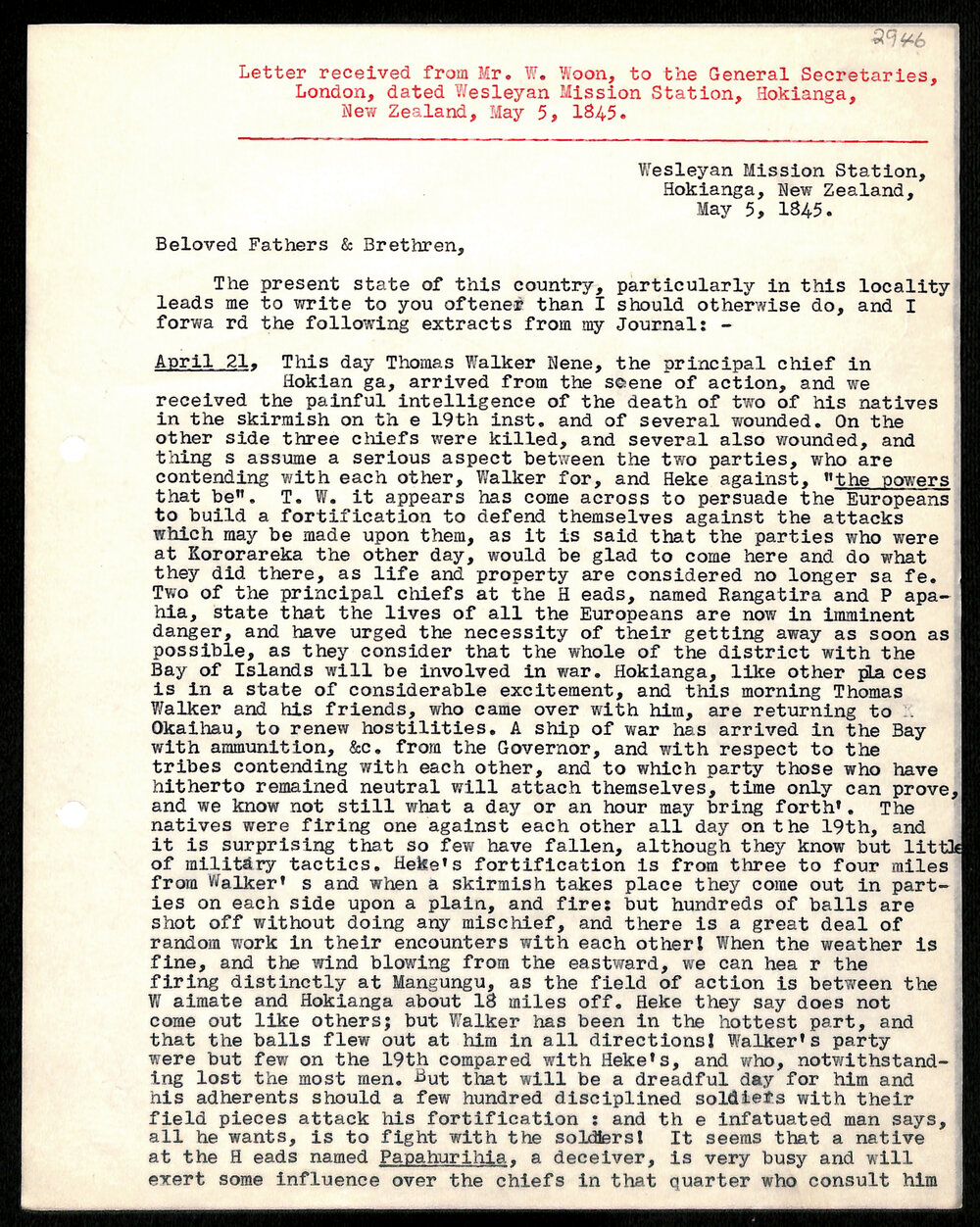 Letter to General Secretaries from Mr. W. Woon