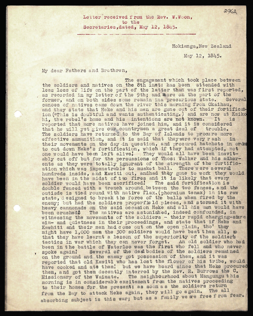 Letter to Secretaries from Rev. W. Woon