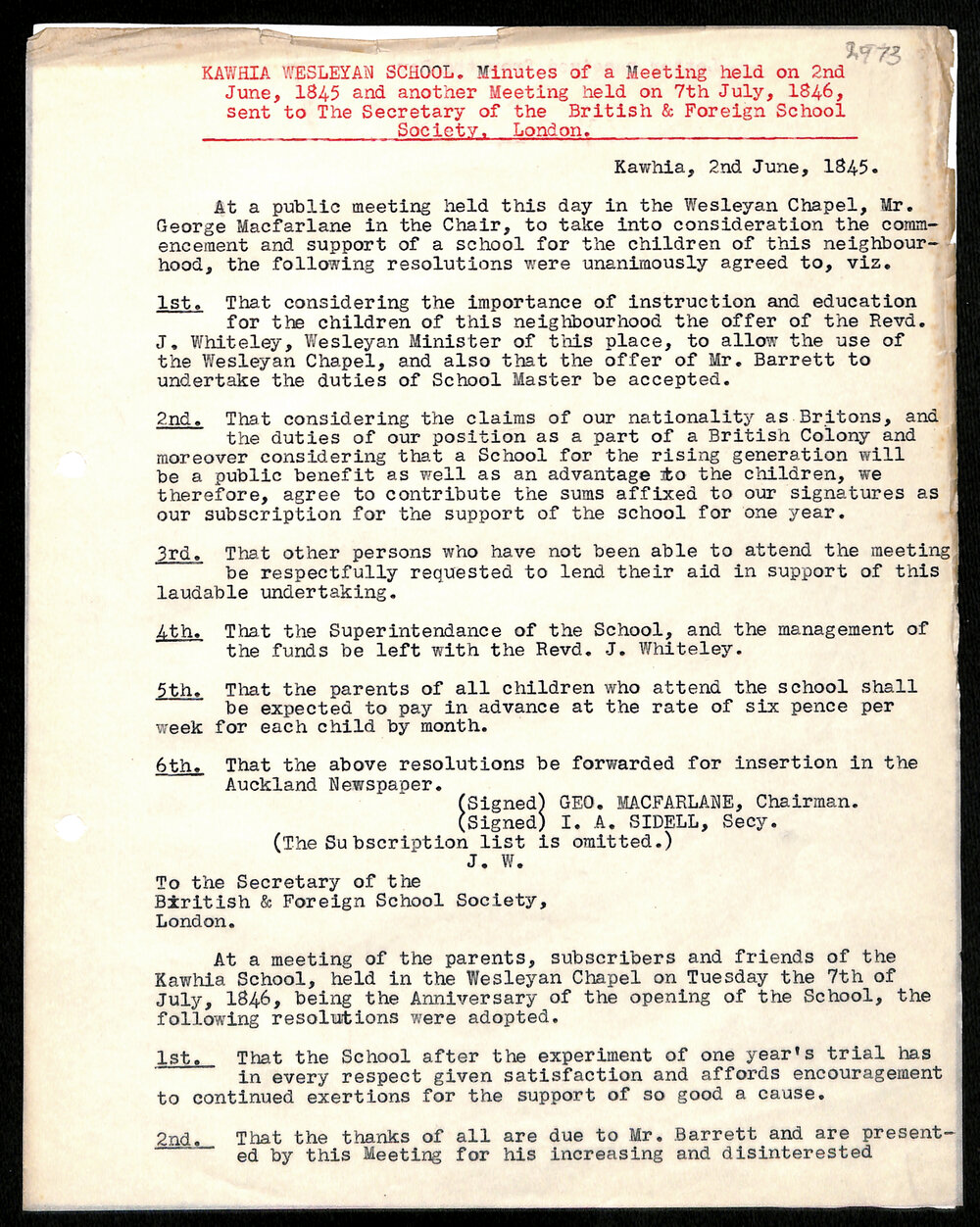 Minutes of meeting, Kawhia Wesleyan School, to Secretary, British and Foreign School Society, London, from J. W. [John Whiteley]