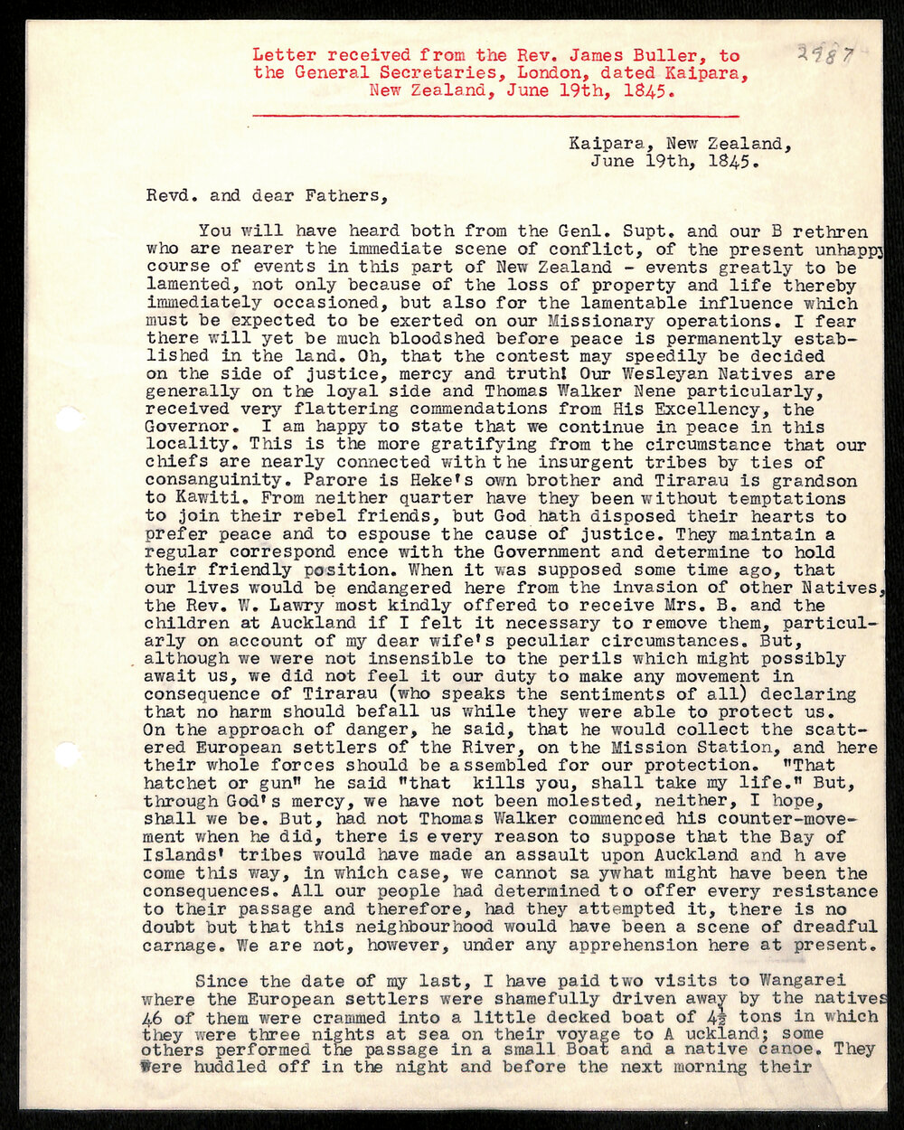 Letter to General Secretaries from Rev. James Buller